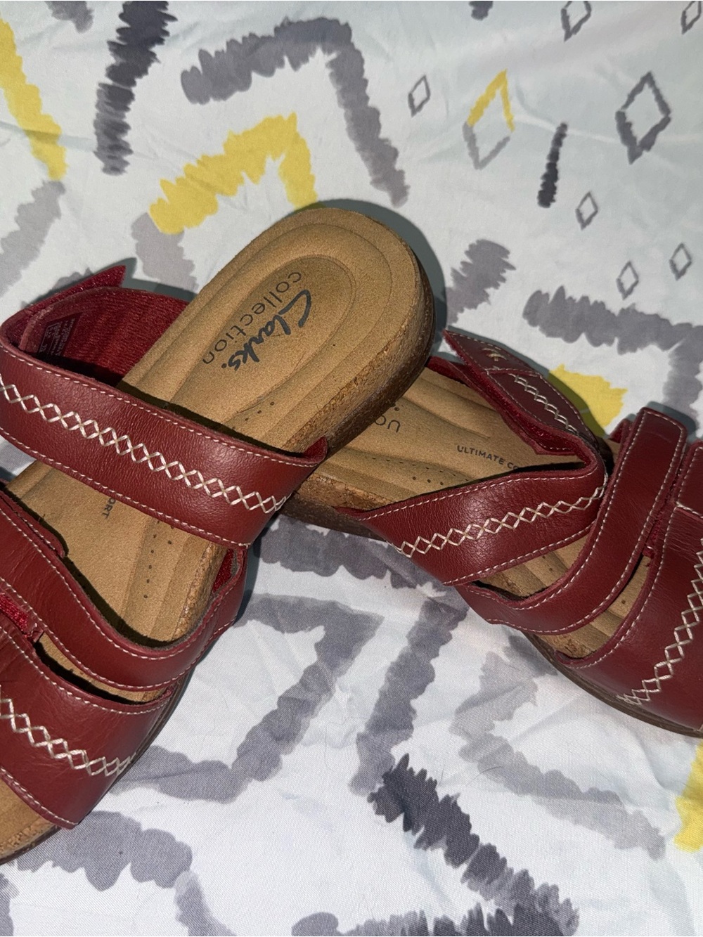 Clarks Women's Red Leather Slide Sandals with White Stitching